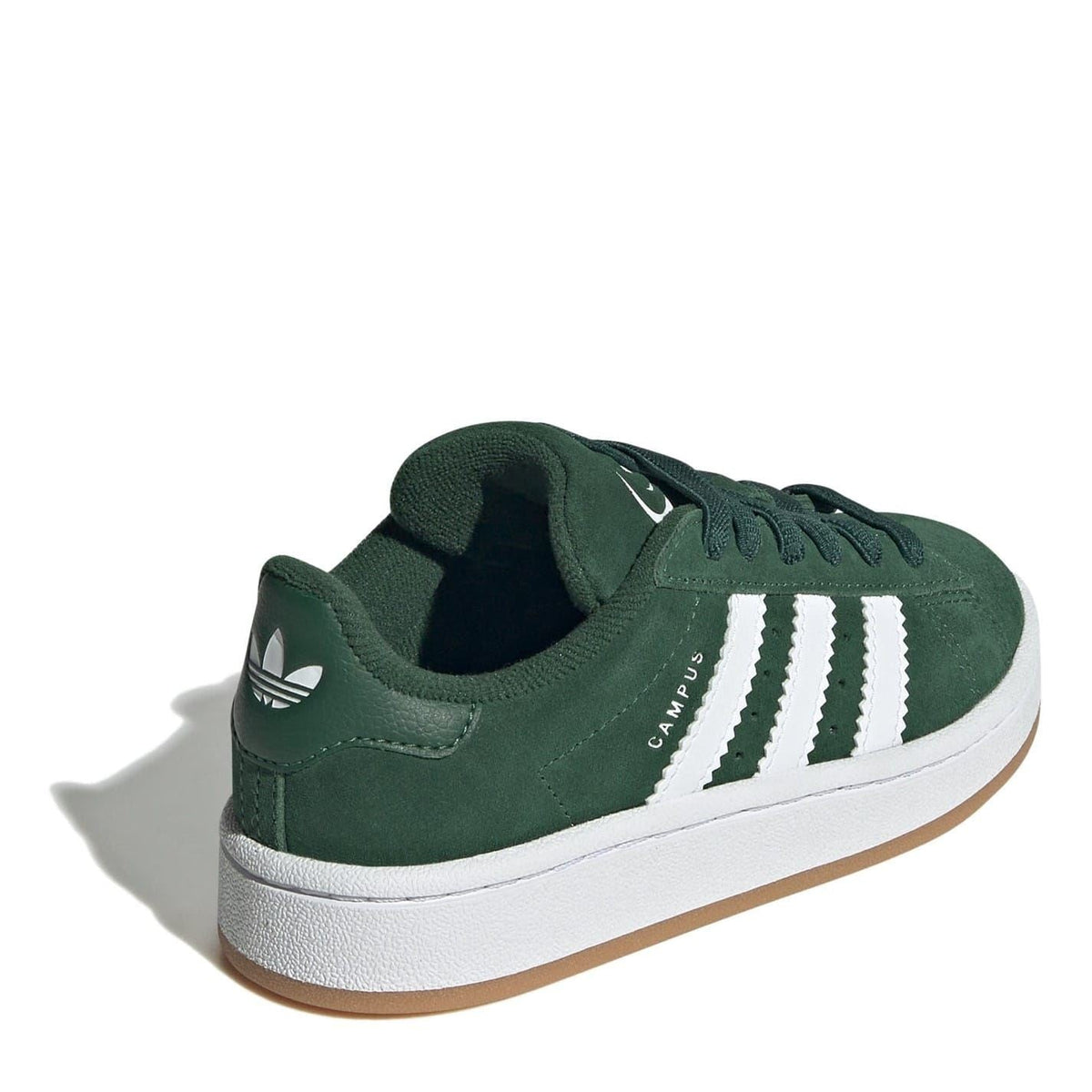 adidas Originals Campus 00s kids shoes, green suede heel view with white 3-Stripes.