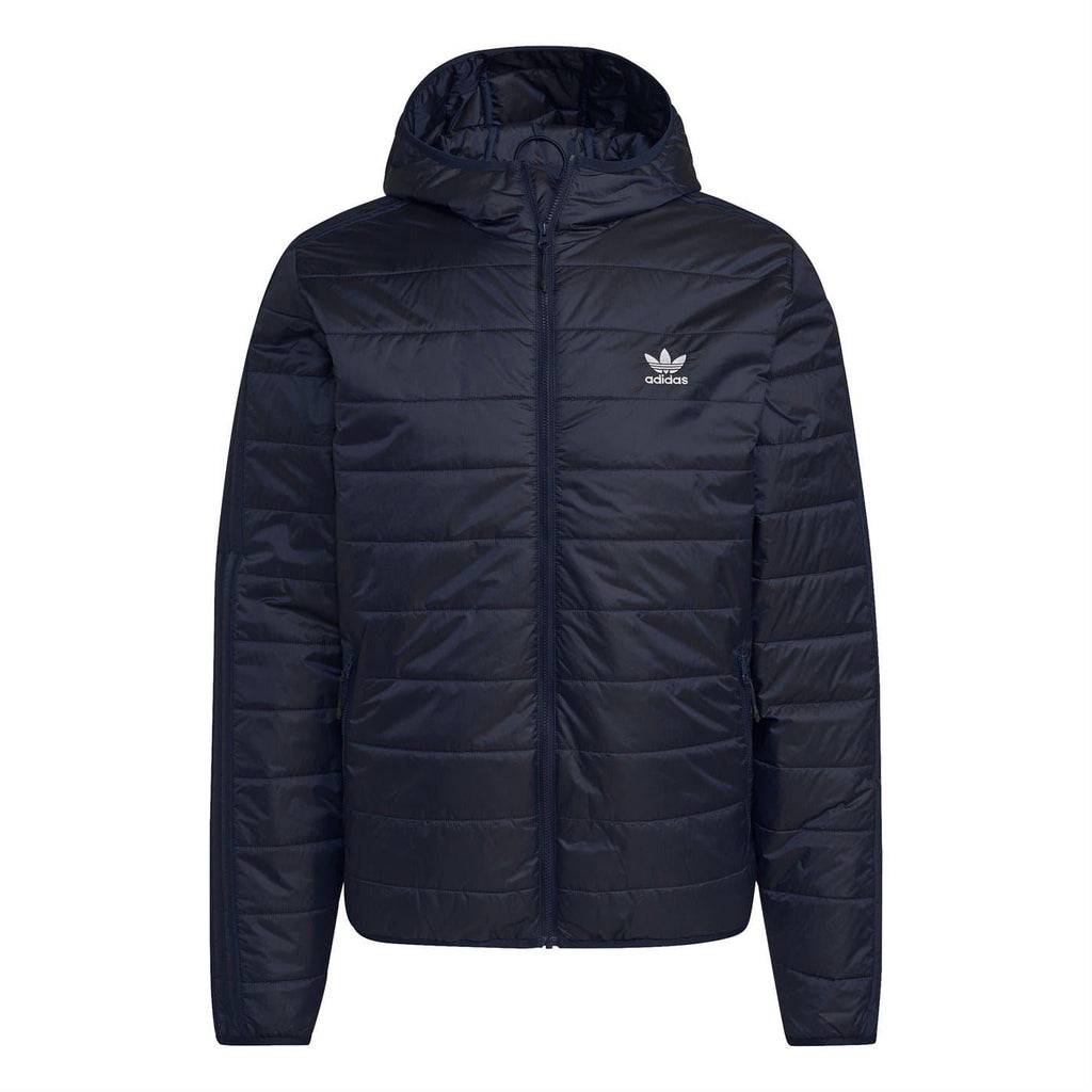 adidas hooded padded jacket in dark navy with full-length zip and logo chest