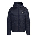 adidas hooded padded jacket in dark navy with full-length zip and logo chest