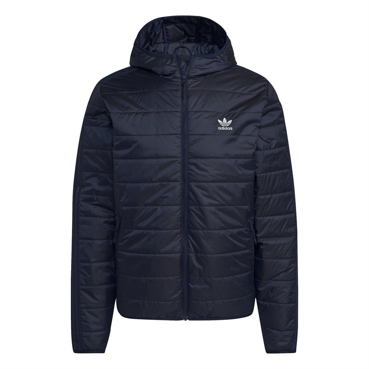 adidas hooded padded jacket in dark navy with full-length zip and logo chest