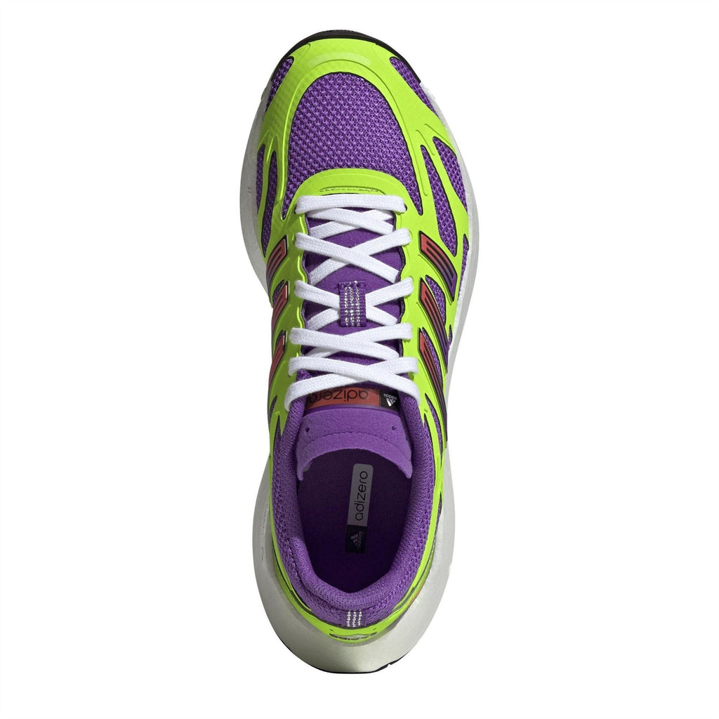 Adidas Originals Adizero Aruku running shoe, front view with purple upper and neon green trim