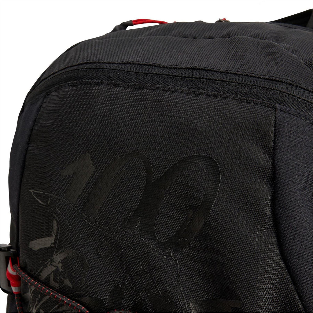 Dark carbon backpack back panel with large adidas trefoil graphic and red stitched edge