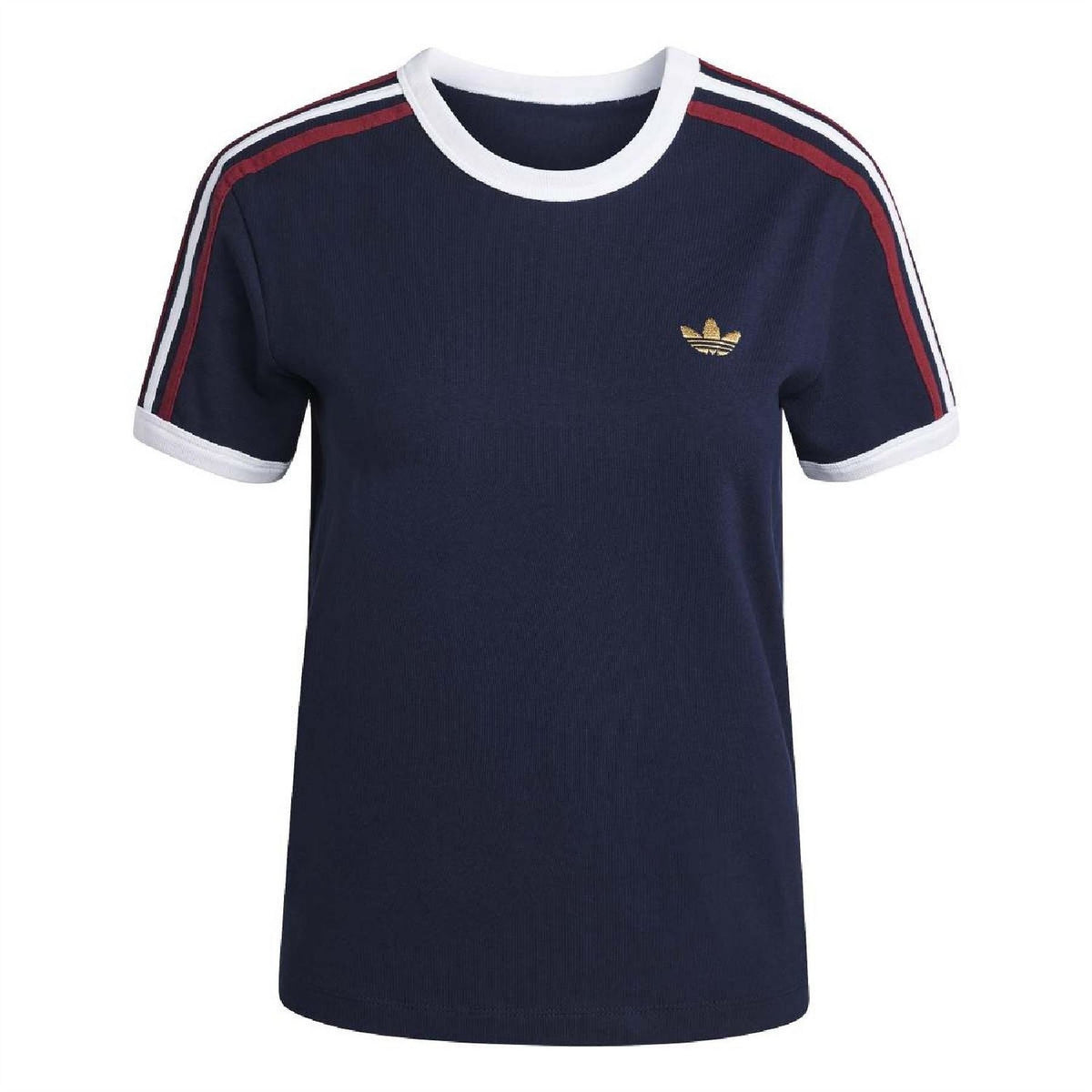 Navy slim fit t-shirt with ribbed crew neck, white trim sleeves, and 3 red side stripes