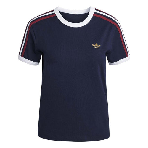 Navy slim fit t-shirt with ribbed crew neck, white trim sleeves, and 3 red side stripes
