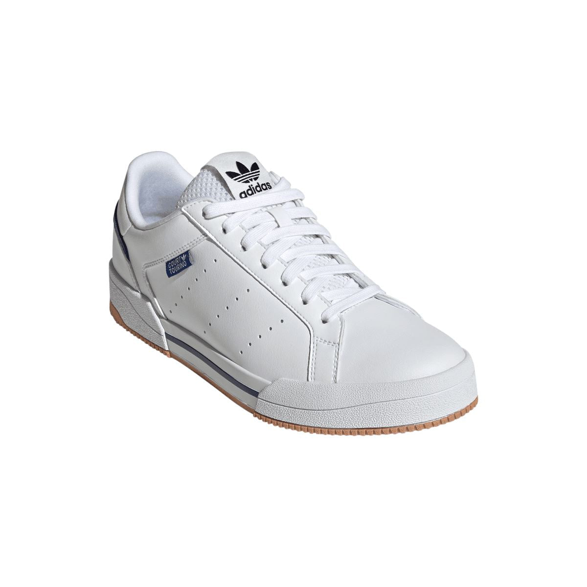 White adidas trainers side view with blue tag detail, lace-up, and textured gum edge