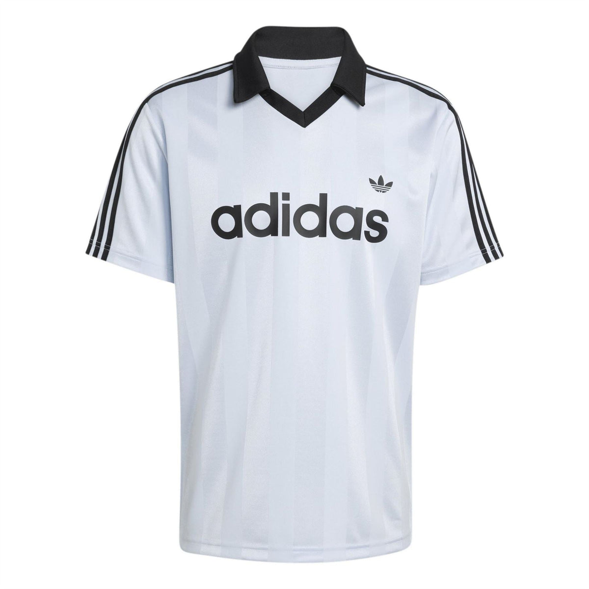 Light blue adidas Originals polo shirt with black engineered collar and three stripe shoulders