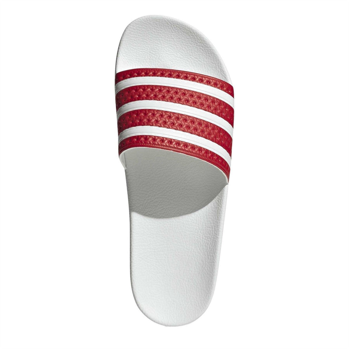 adidas Originals red-striped slide sandal with smooth white upper and cushioned sole
