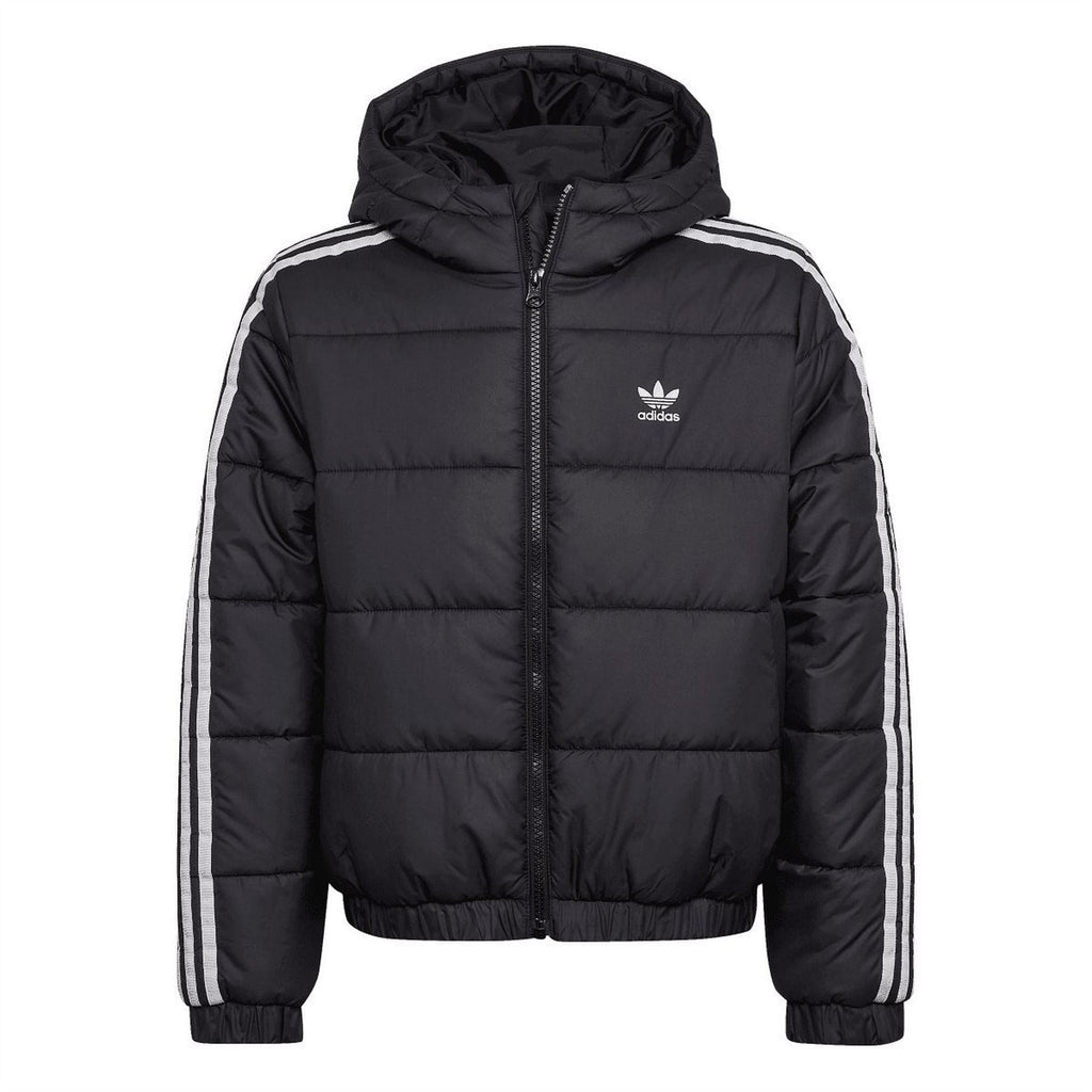 Black junior padded jacket with hood, full-zip front and white side stripe accents.