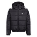 Black junior padded jacket with hood, full-zip front and white side stripe accents.