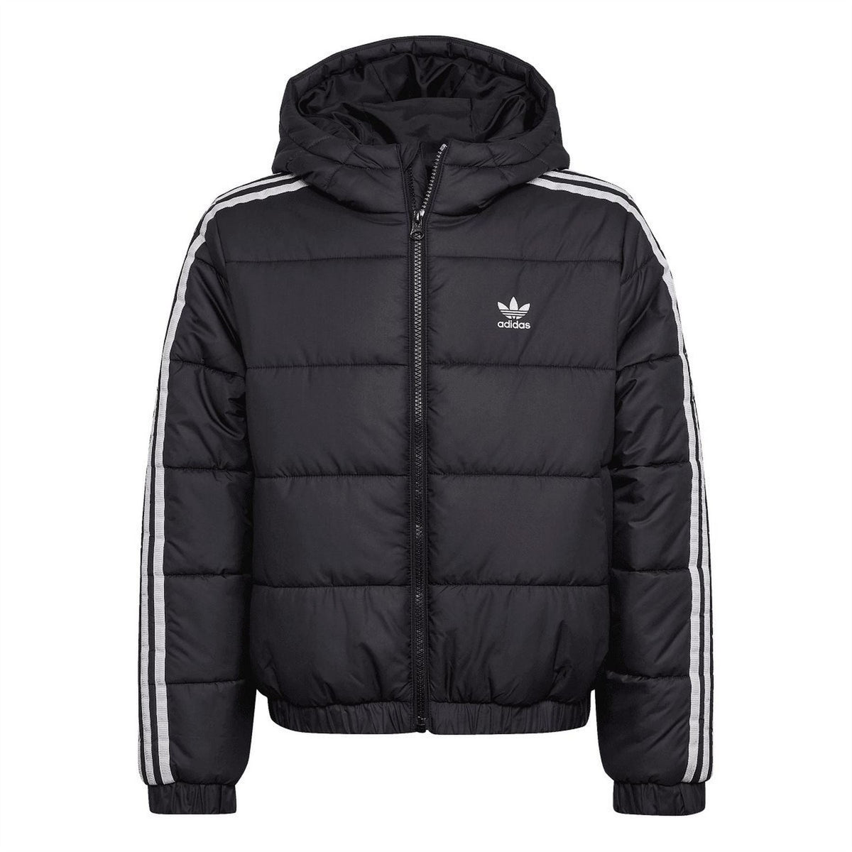 Black junior padded jacket with hood, full-zip front and white side stripe accents.