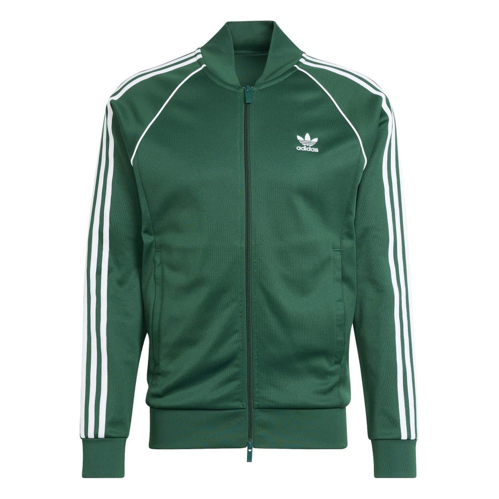 Green adidas track jacket front view with zip closure and three white sleeve stripes