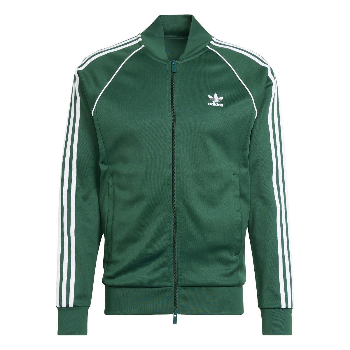 Green adidas track jacket front view with zip closure and three white sleeve stripes