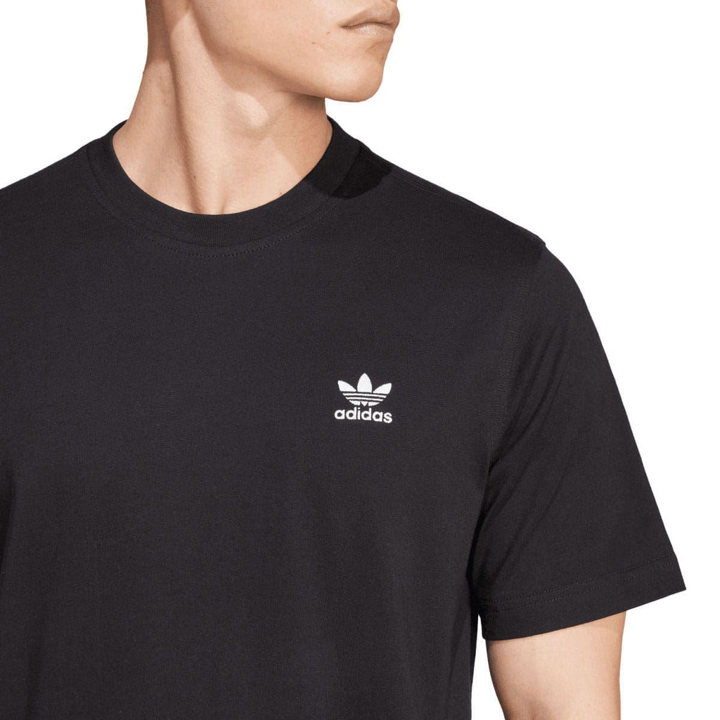 Black adidas T-shirt close-up of crew neck and Trefoil chest logo