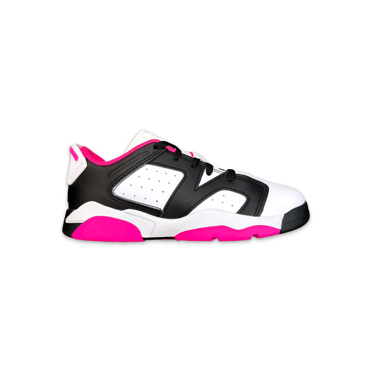 Kids Air Jordan 6 Retro Low sneakers in black, white, and bright pink accents
