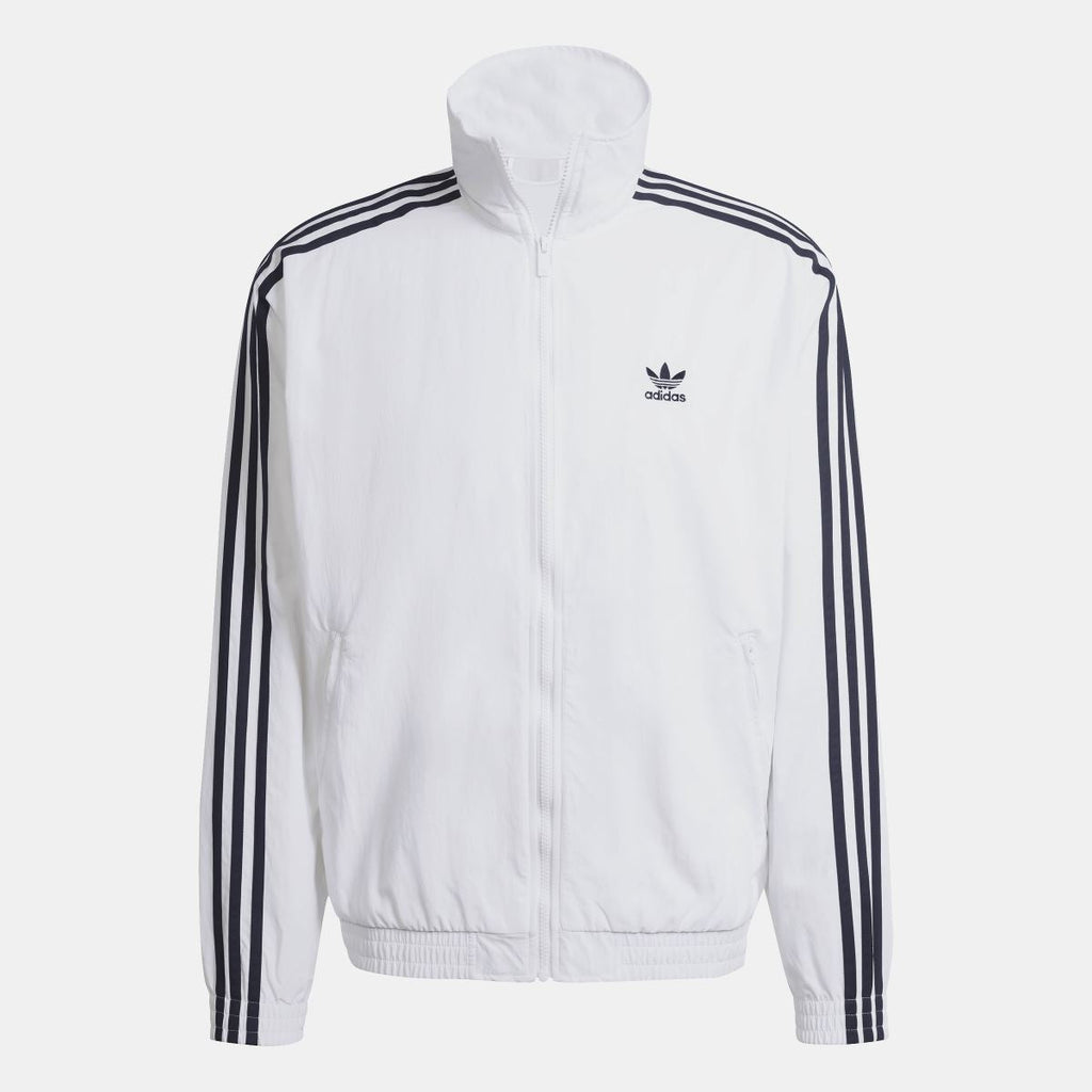 White zip-up track jacket with hood, adidas logo, and black triple-stripe sleeves