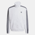 White zip-up track jacket with hood, adidas logo, and black triple-stripe sleeves