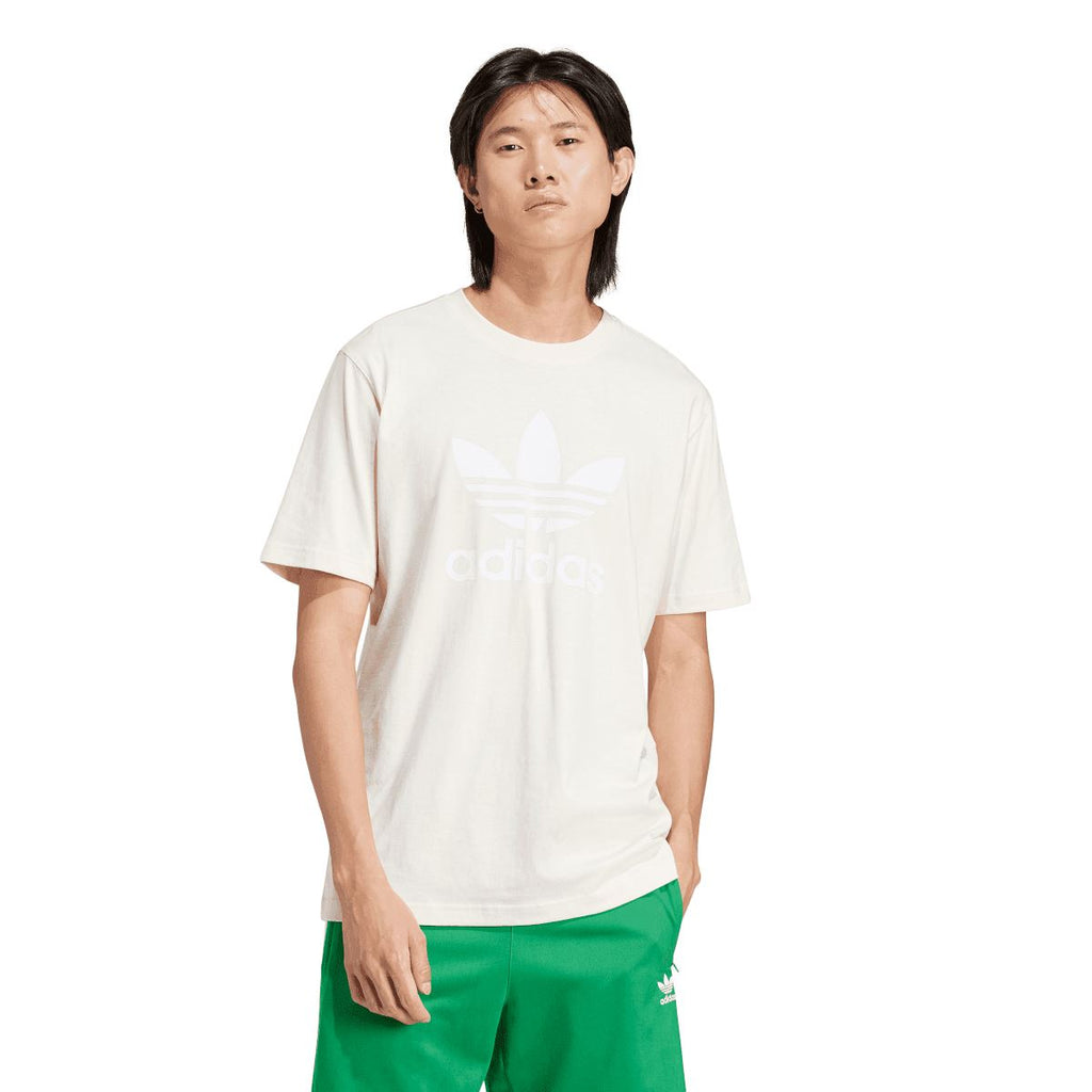 White crewneck T-shirt with adidas Trefoil graphic on the chest