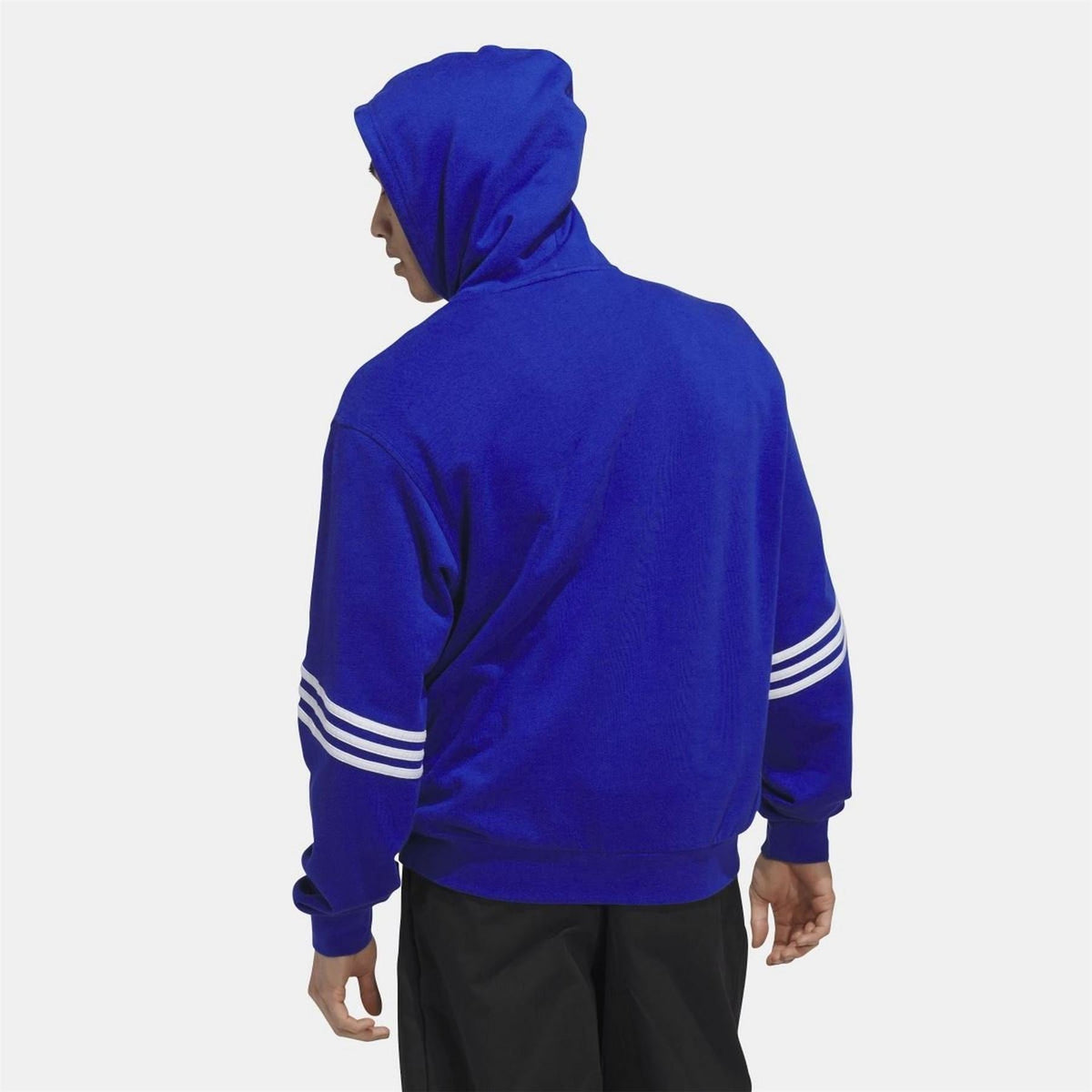 adidas Originals blue hoodie, side/back view with striped sleeve stripes