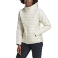 Off-white hooded slim puffer jacket with full-length front zipper and long sleeves