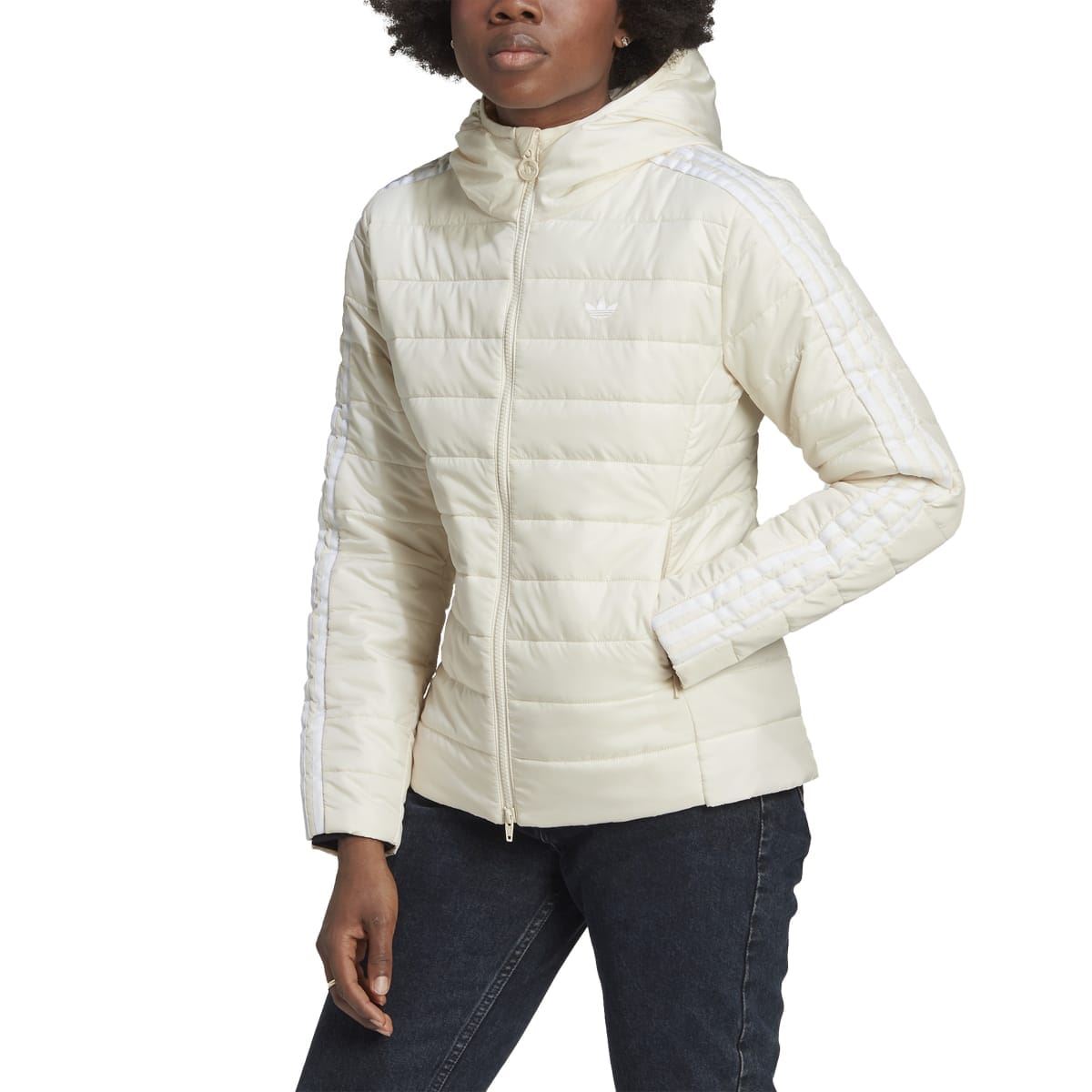 Off-white hooded slim puffer jacket with full-length front zipper and long sleeves