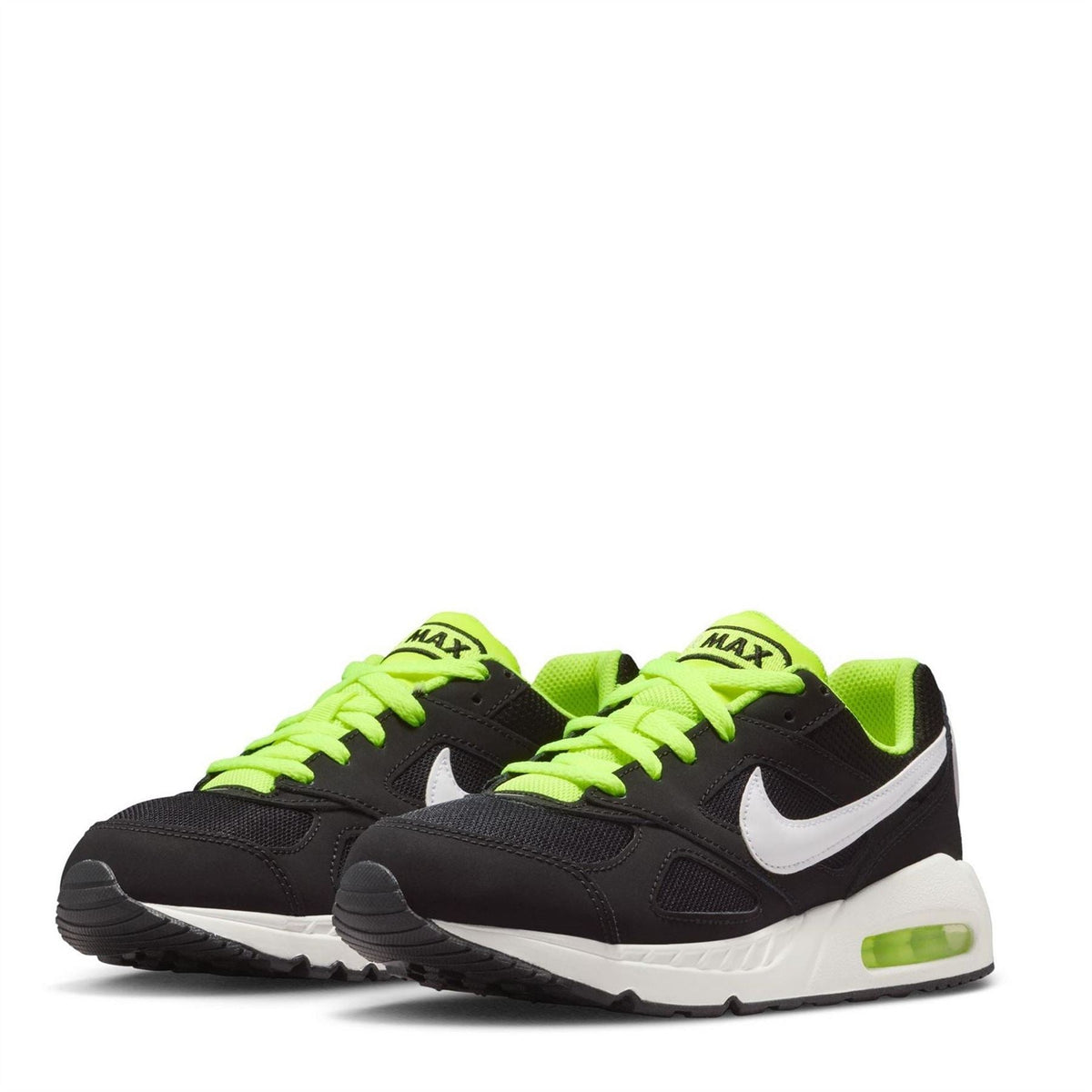 Pair of black and neon green junior Air Max sneakers with white swoosh details