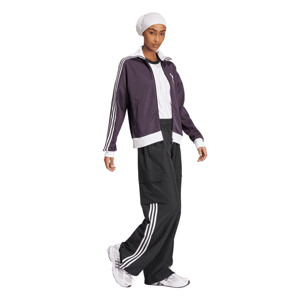 Dark purple track top with three white side stripes and white hem band, full front zip