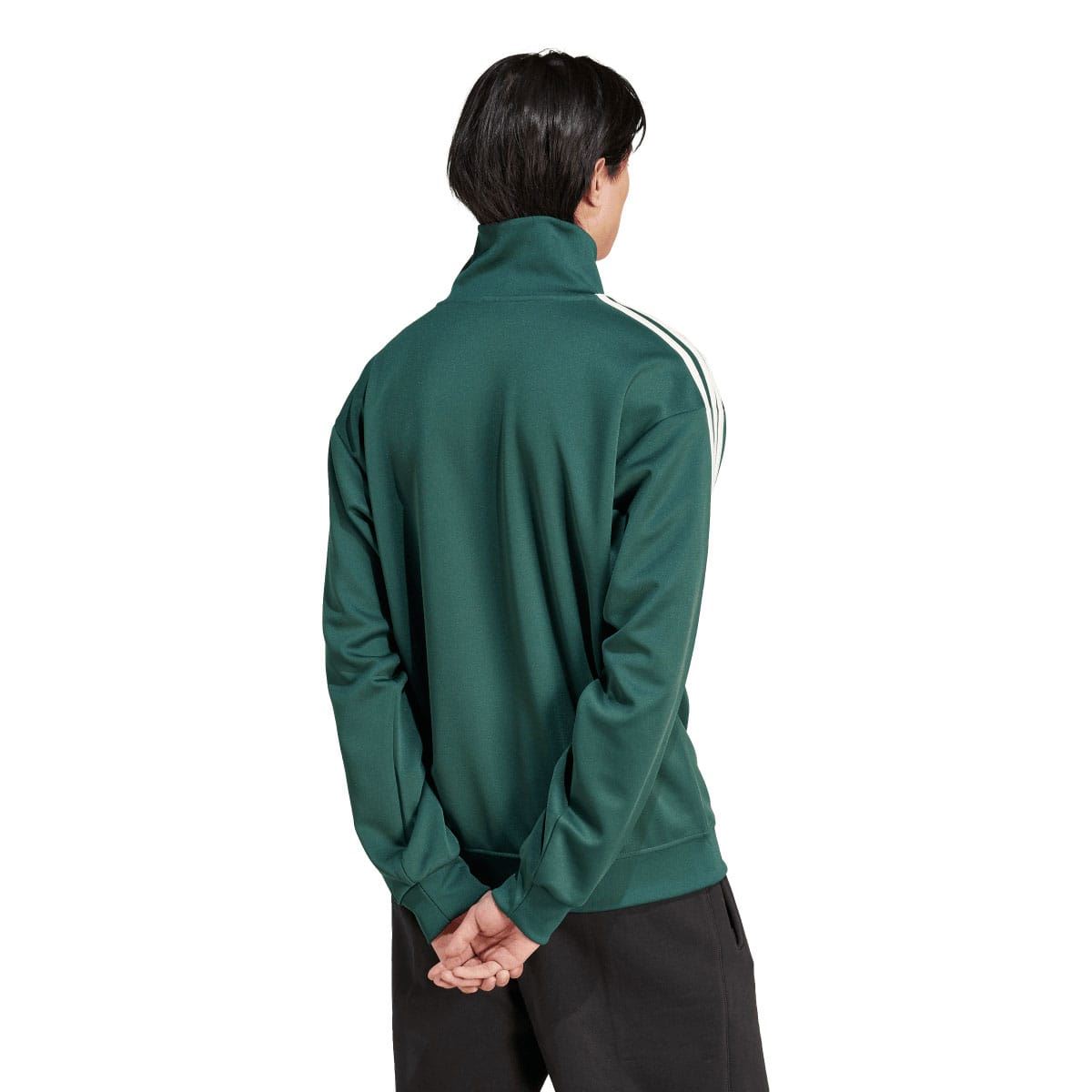 Green adidas Originals track top back view with white 3-stripe sleeves