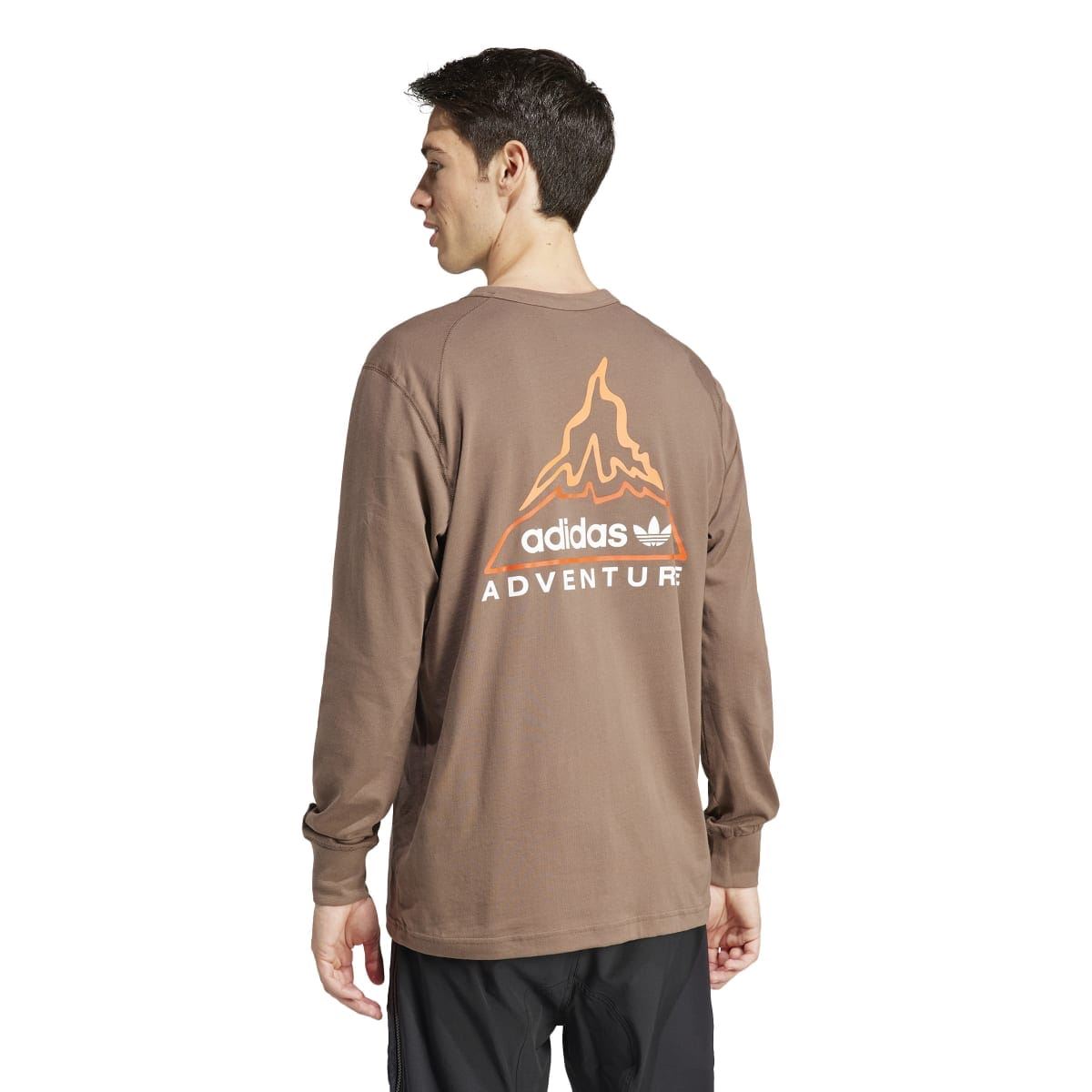 adidas Originals brown long-sleeve T-shirt, back view with large adventure graphic