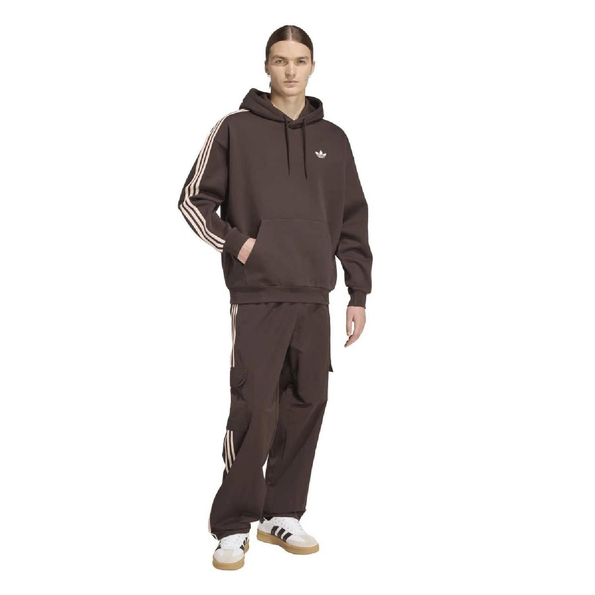 Dark brown adidas Originals hoodie with drawstring hood, front pocket, and white sleeve stripes