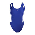 adidas one-piece swimsuit, blue with white 3-Stripes on sides and logo at chest