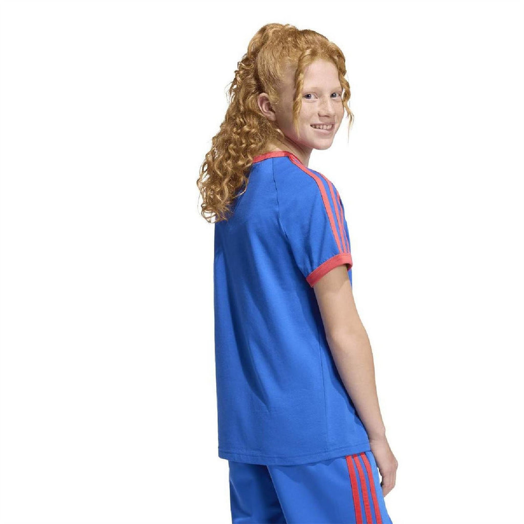 Kids blue T-shirt with orange side stripe detail along sleeve and adidas trefoil logo