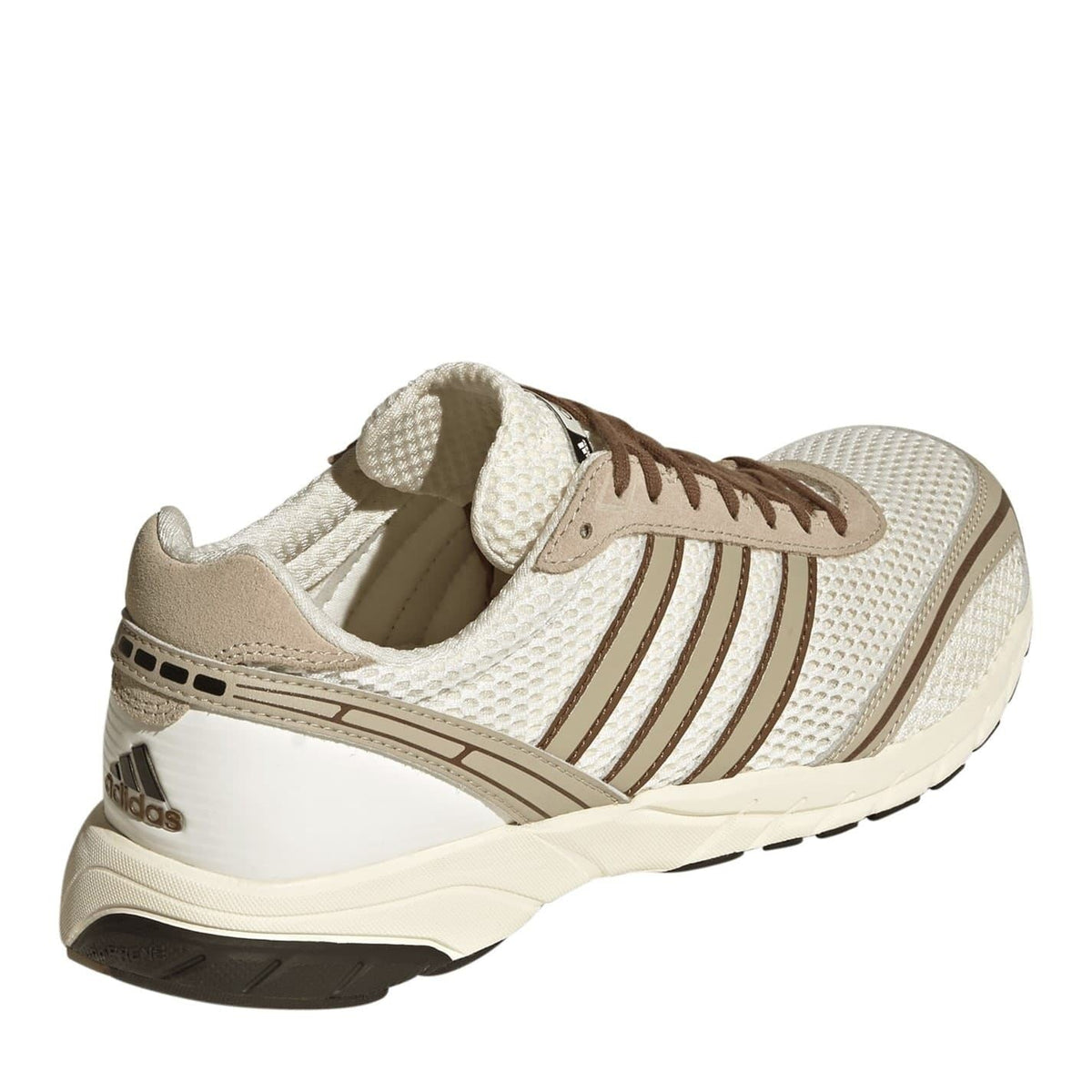 Off-white adidas Adizero trainers showing heel and brown stripe accents, lace-up