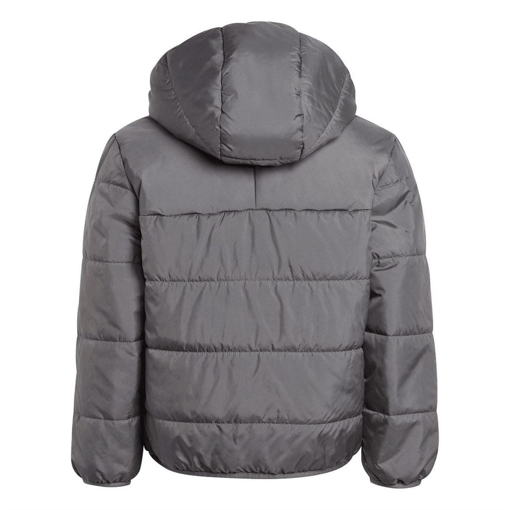 Dark grey kids padded jacket back view with hood