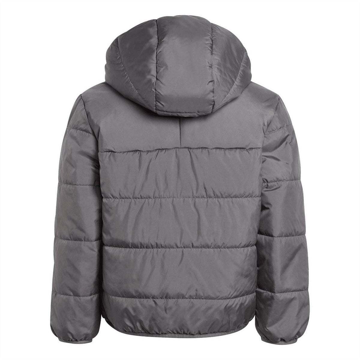 Dark grey kids padded jacket back view with hood