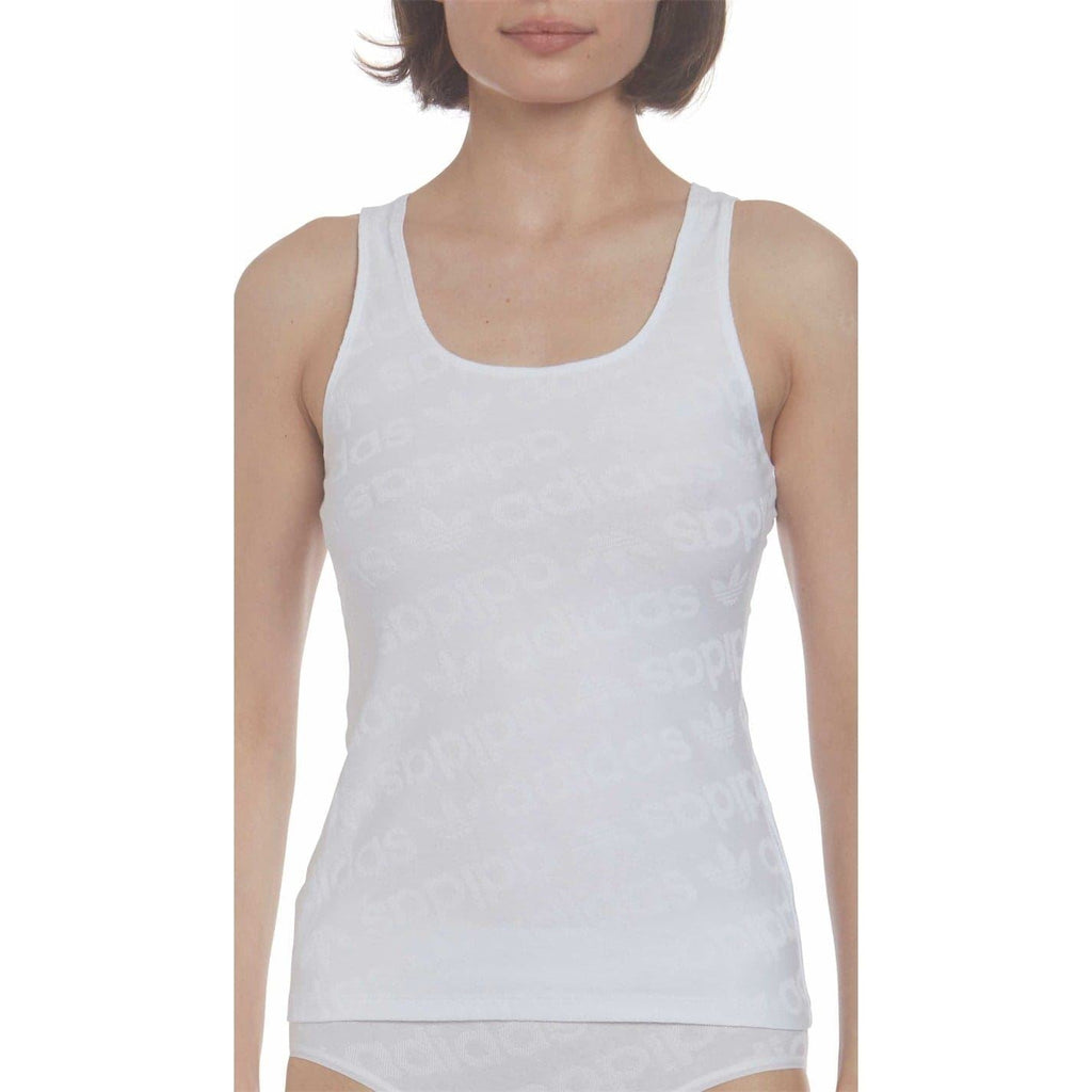 adidas Originals All Over Logo vest featuring bold logo print on a sleeveless top with a casual fit