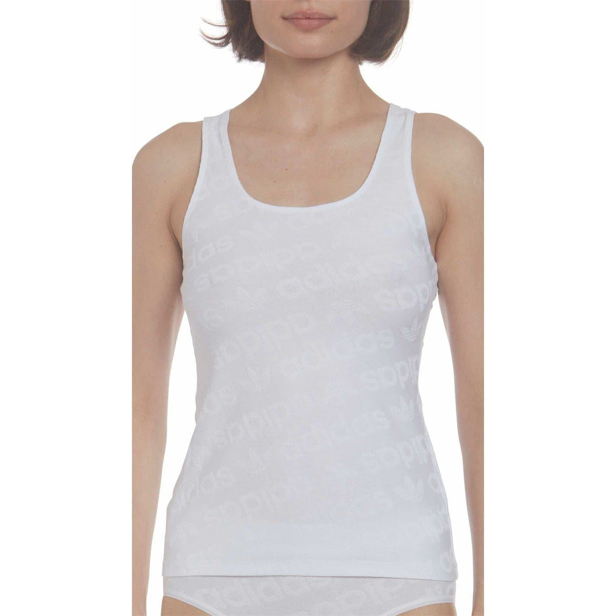 adidas Originals All Over Logo vest featuring bold logo print on a sleeveless top with a casual fit