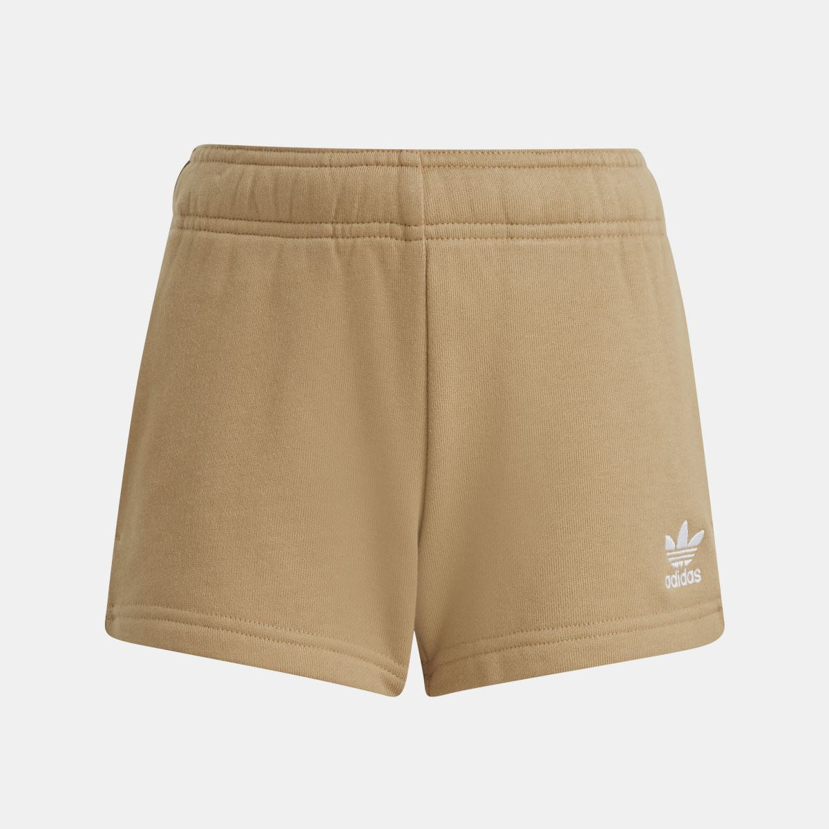 Tan adidas juniors shorts with elastic waistband; logo on right leg