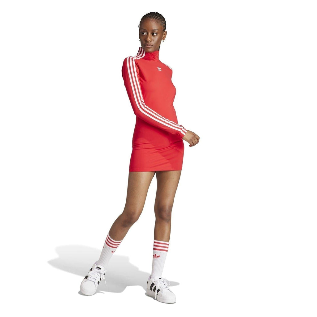 Red fitted mini dress with mock neck and white 3-stripe sleeves, side-striped seam