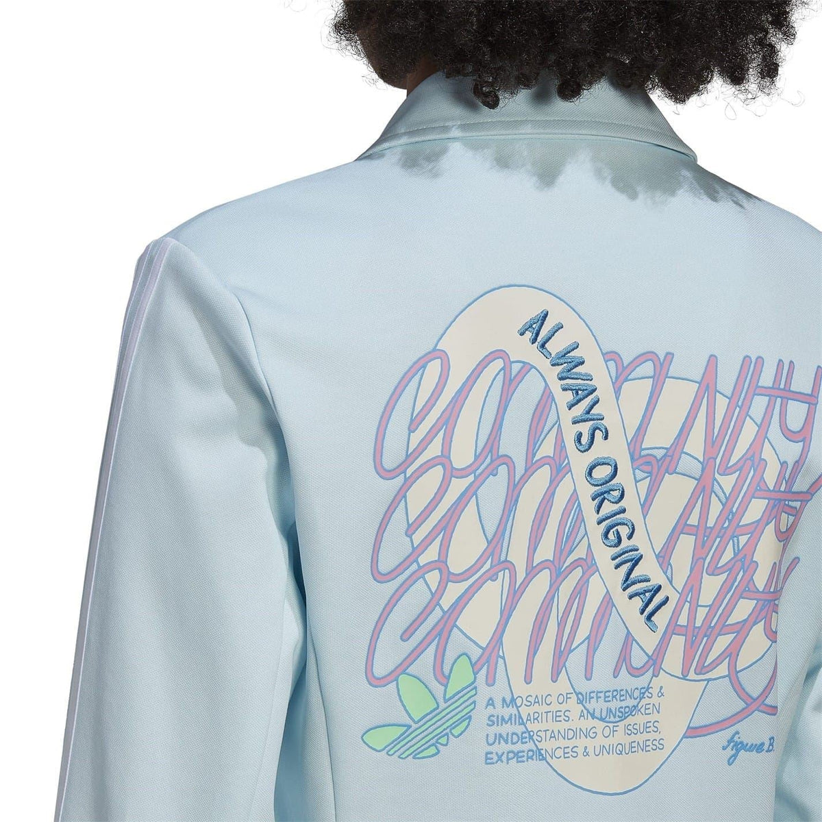 Light blue blazer jacket back with large multicolor graphic logo print