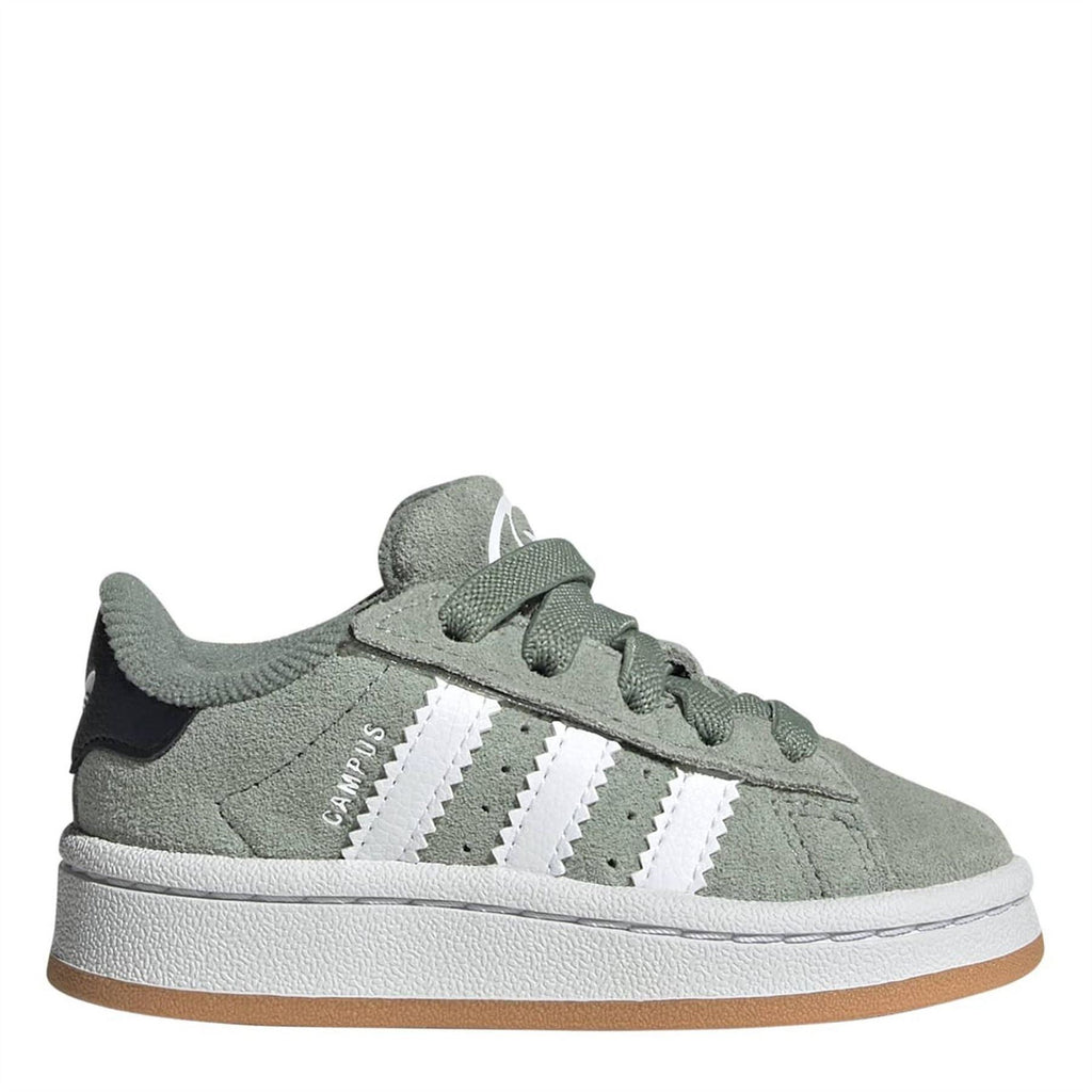 Infant crib sneakers in sage green with white three-stripe design and hook-and-loop strap