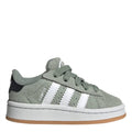 Infant crib sneakers in sage green with white three-stripe design and hook-and-loop strap