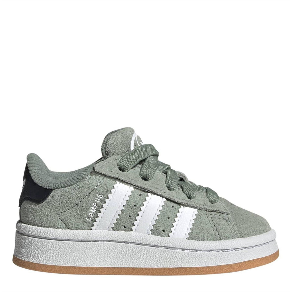 Infant crib sneakers in sage green with white three-stripe design and hook-and-loop strap