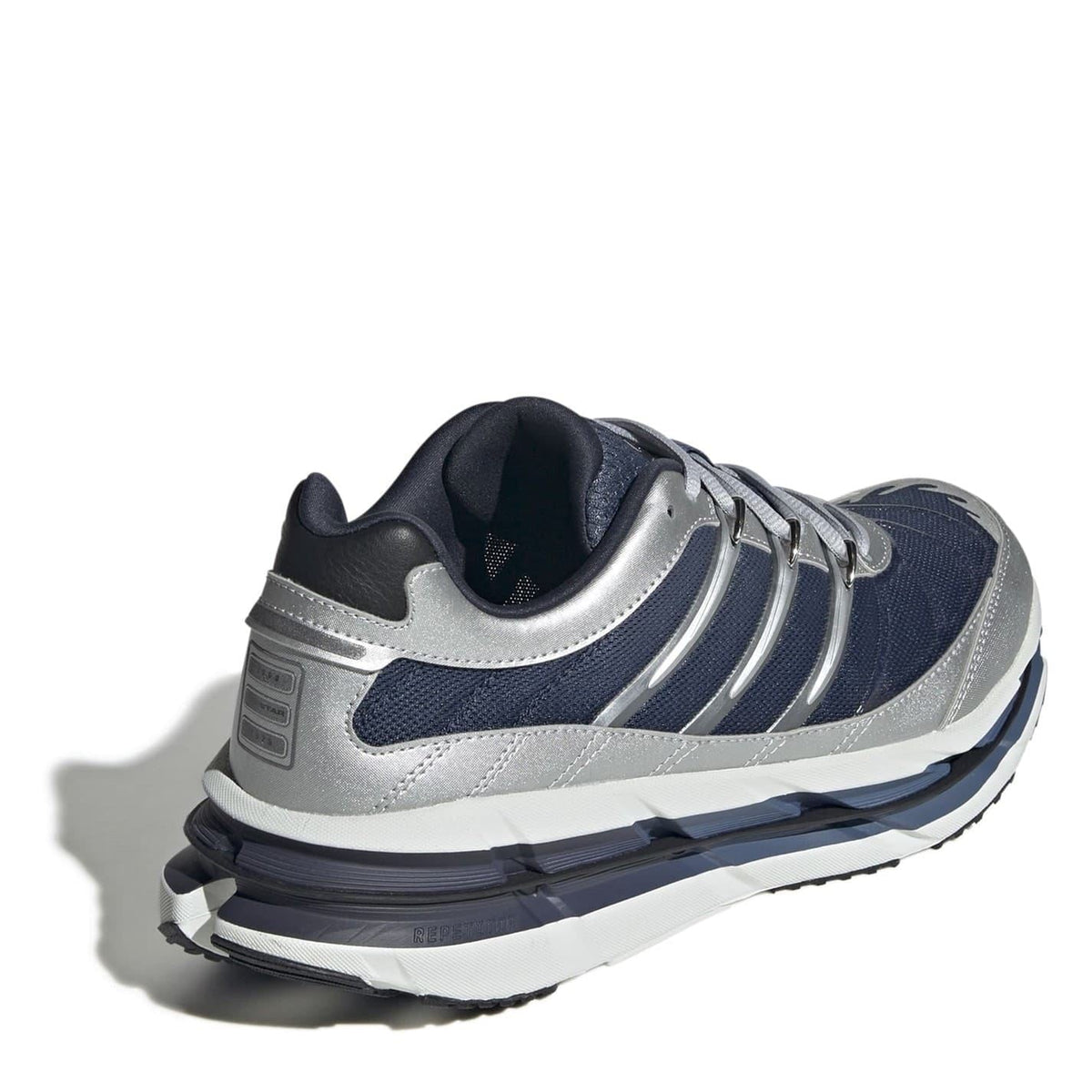 Blue and silver lace-up running-style sneaker with padded collar and chunky midsole