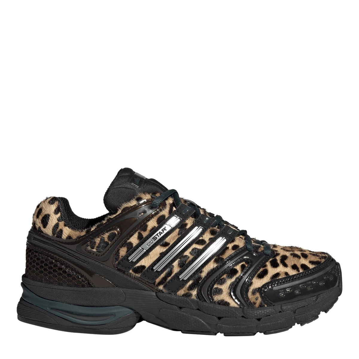 adidas Adistar Control 5 shoes in black with leopard print panels and suede-like trim
