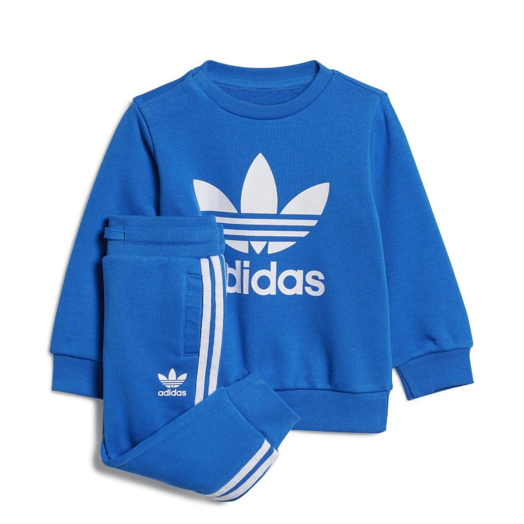 Infant blue crew sweatshirt set with adidas Trefoil logo and matching jogger pants