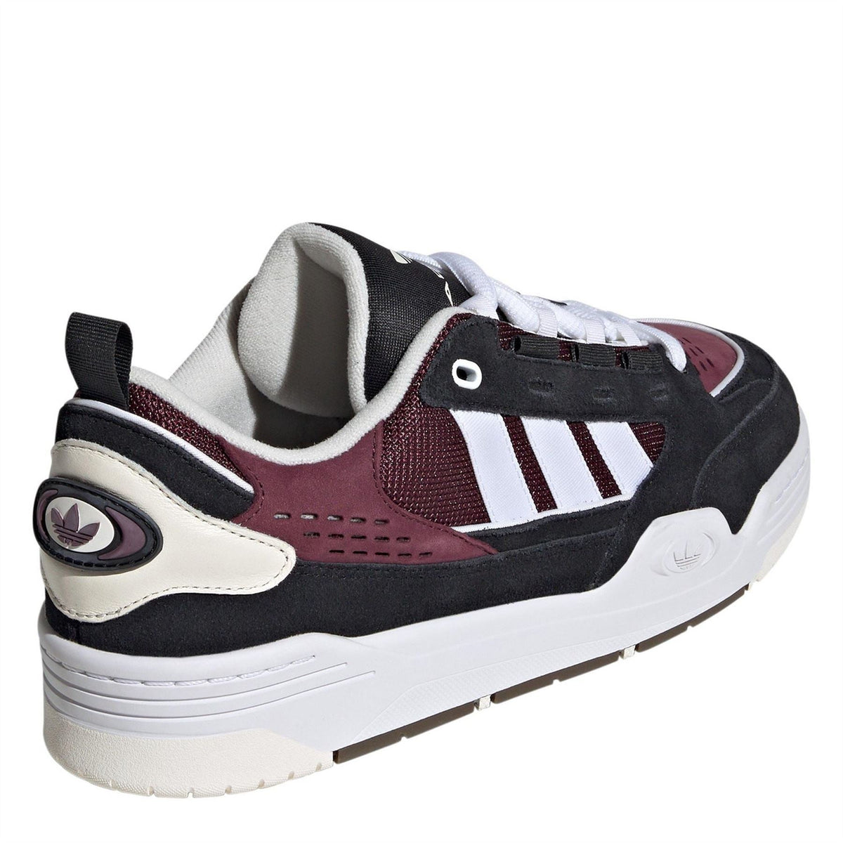 Kids' low-top trainers, heel and side detail, black with burgundy mesh and beige trim