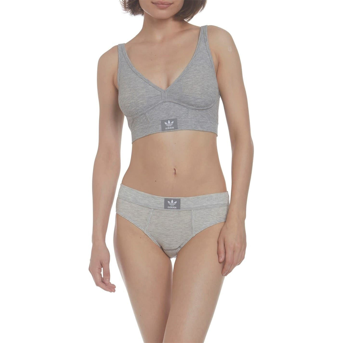 Heather grey V-neck bralette and matching briefs with adidas logo