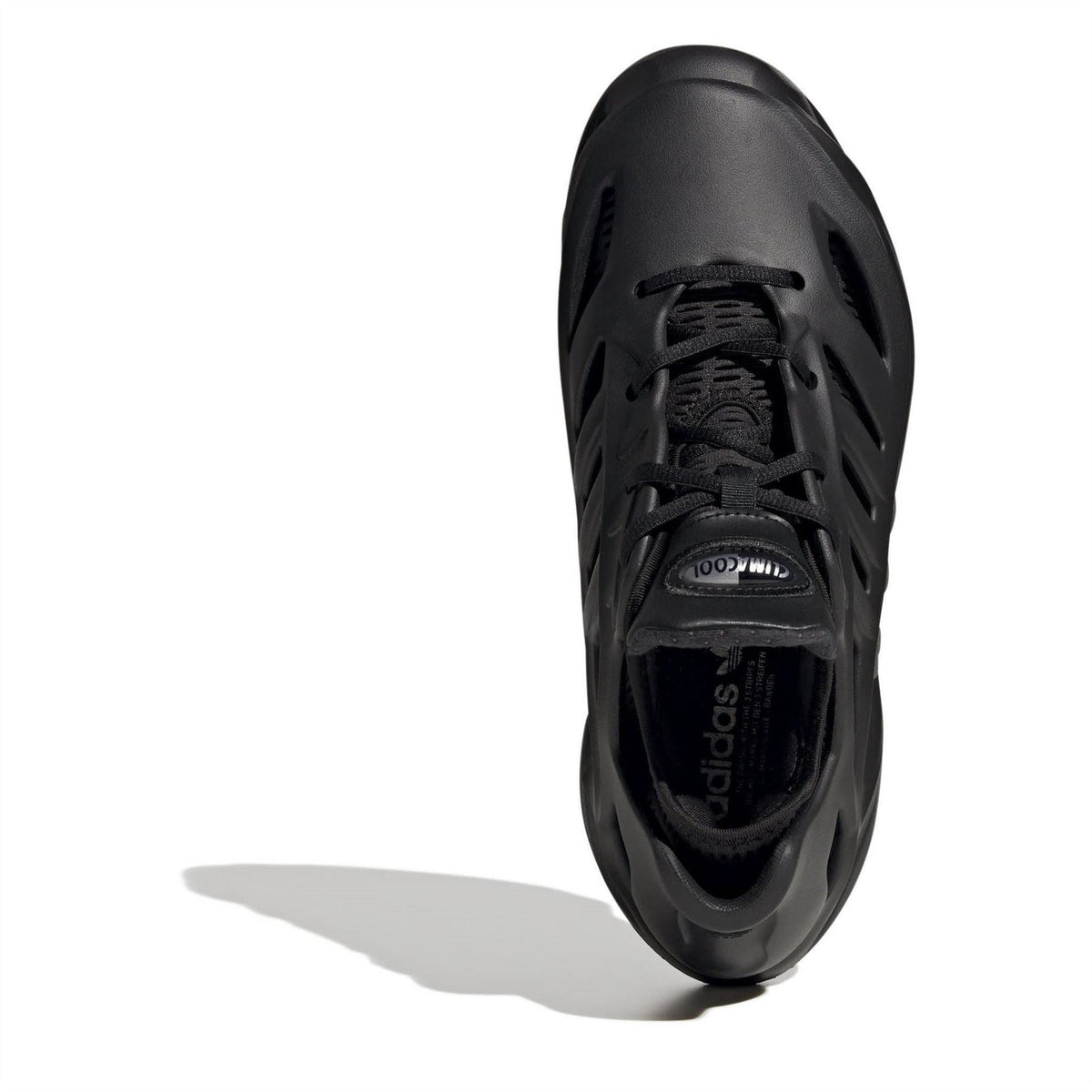 Black adidas Adifom low-top sneakers, top view showing laces and ventilated vamp