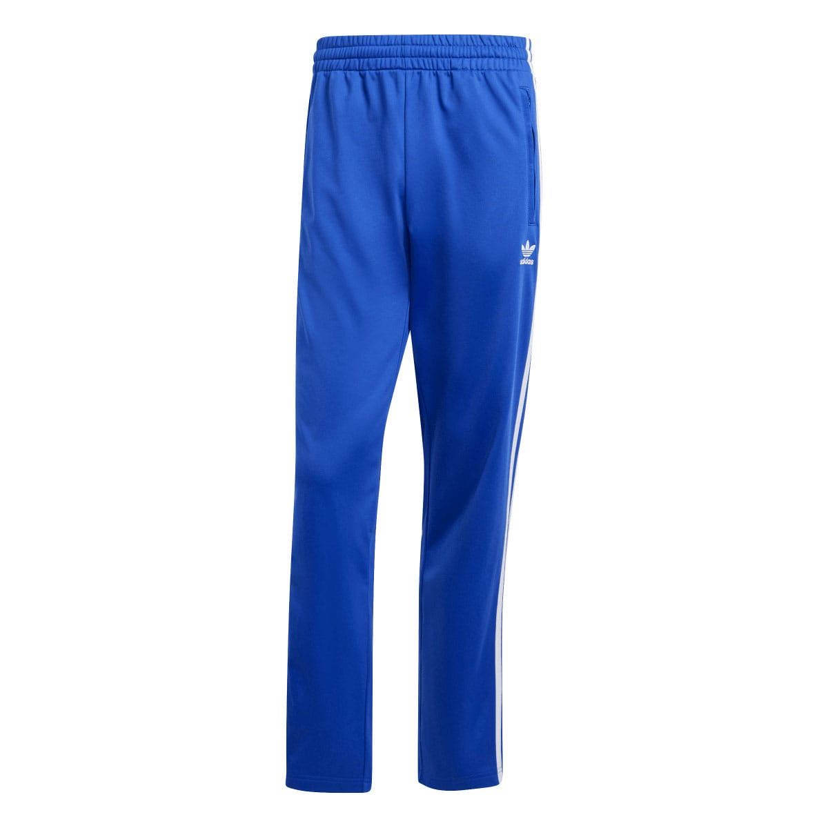 Blue track pants with elastic waist and white side stripes