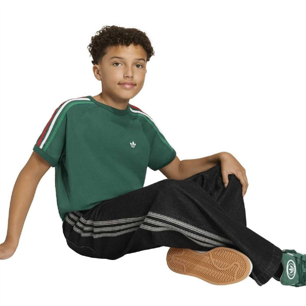 Kids dark green adidas Originals T-shirt with trefoil logo and red/white sleeve stripes